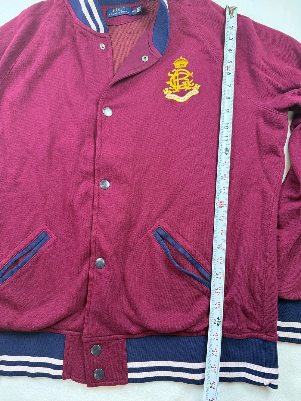 Polo Ralph Lauren Varsity Jacket Men’s XXL Burgundy Blue Snap Front Logo Bomber